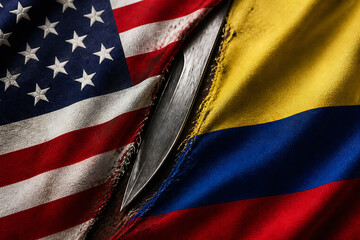 Obraz premium Two flags, the American and Colombian, are shown overlapping with a knife blade cutting between them.