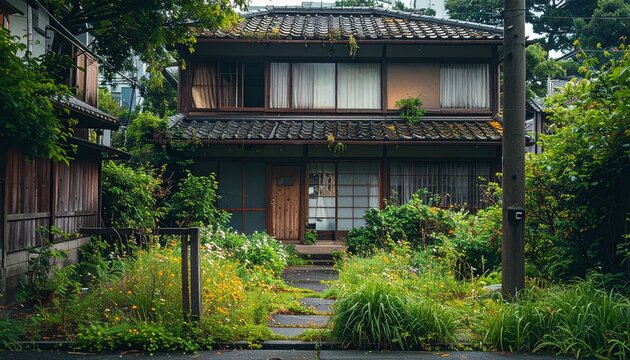 Vacant House Problem Concept with Abandoned Overgrown Japanese Home