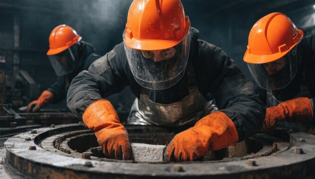 Closeup view of technicians installing new refractory lining in a furnace hearth focusing on precision and safety in an industrial repair environment.