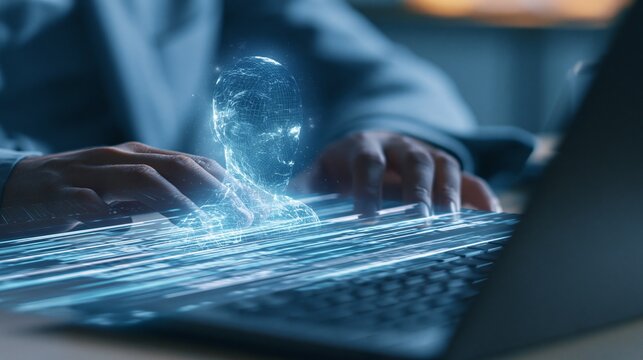 Person uses laptop interacting with AI virtual assistant. AI head graphic overlay laptop keyboard. Concept of AI prompt engineering, LLM. Person types on keyboard to communicate with virtual