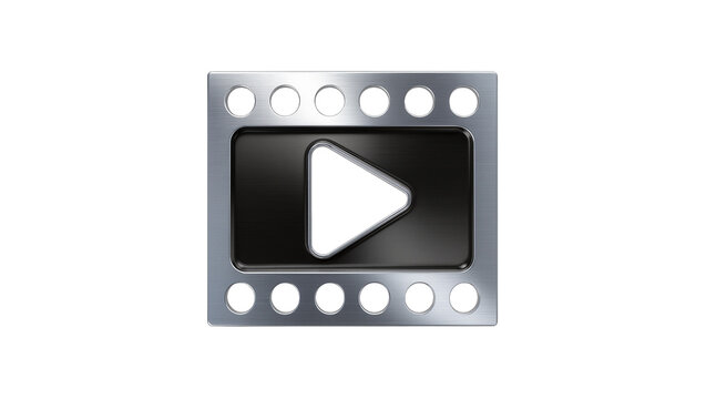 Metallic film reel with black play button, isolated on transparent background