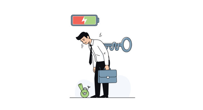 Exhausted businessman with a wind-up key in his back and a low battery symbol above his head shows professional burnout and fatigue.