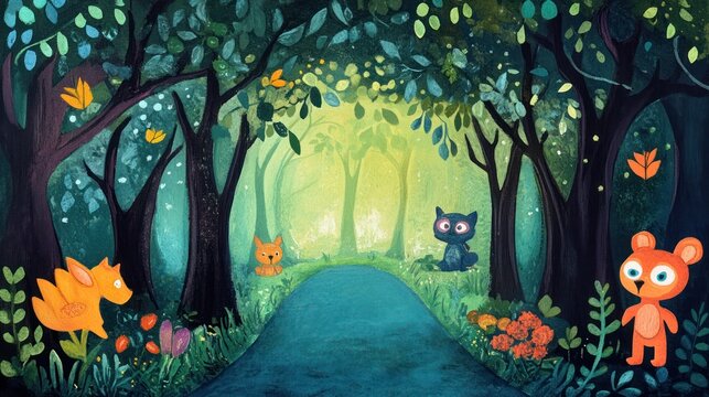 Enchanted Forest Path with Animals