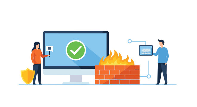 Computer security experts monitor a large screen protected by a digital firewall shown as a brick wall with burning flames.