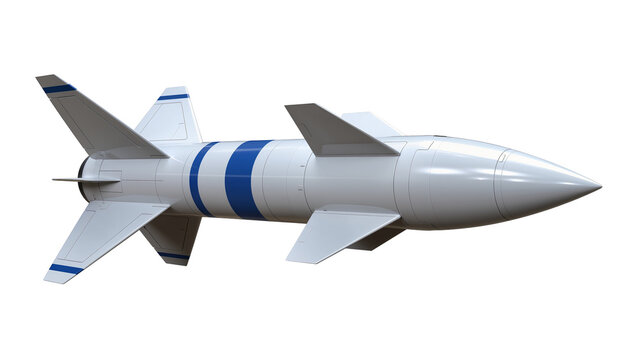 White and blue striped missile with fins, isolated on transparent background