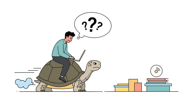 Frustrated man works on his laptop while riding on the back of a slow tortoise toward office supplies and a stack of books.