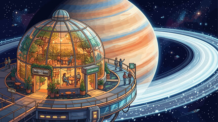 Futuristic Biodome Oasis Amidst Saturn's Majestic Rings A Serene Space Haven © Simon