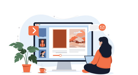 Obraz premium Young woman sits on the floor using a laptop while browsing social media and landscape images on a large monitor screen.