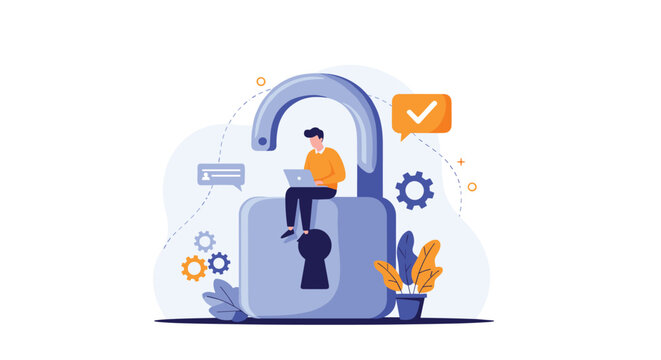 Creative man sits on top of a giant open padlock while working on his laptop to represent data security and digital accessibility.