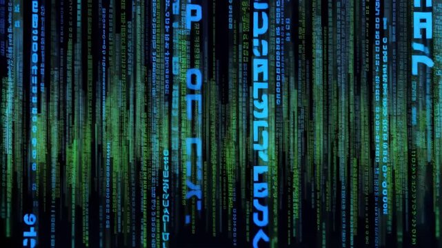 Futuristic Abstract Digital Data Flow Code Stream, Falling Numbers, Green Blue Hues