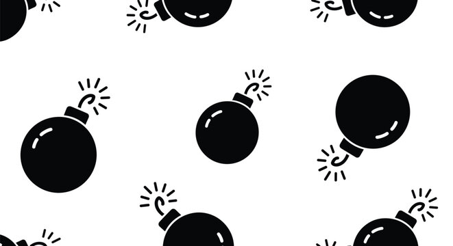 Seamless pattern design featuring black round bombs with burning fuses on a white background suitable for various creative uses.