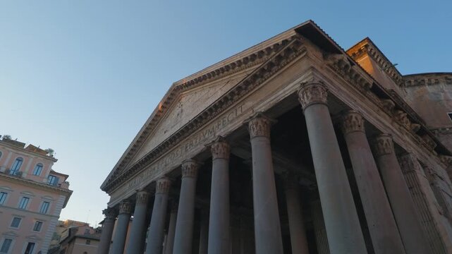 Historic facade of the Pantheon with Corinthian columns in Rome