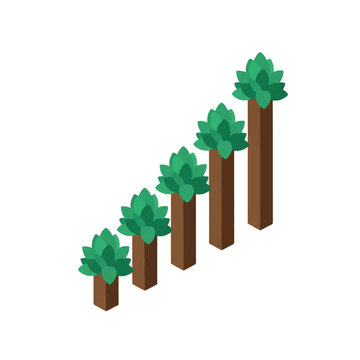 An isometric view of five rising tree-trunk bars representing a financial growth chart. Each trunk is a dark wood brown with a lush emerald green canopy made of simple leaf shapes. The design is