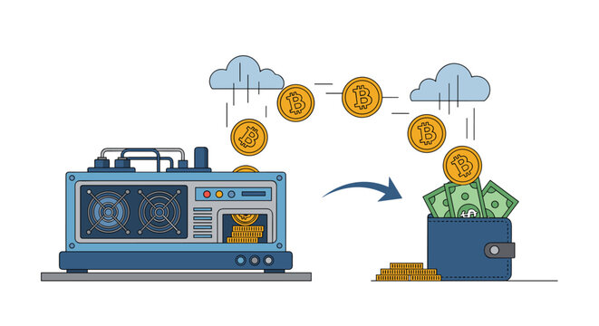 Cryptocurrency mining rig processing data and generating bitcoins that are being transferred to a digital wallet to represent online profit.