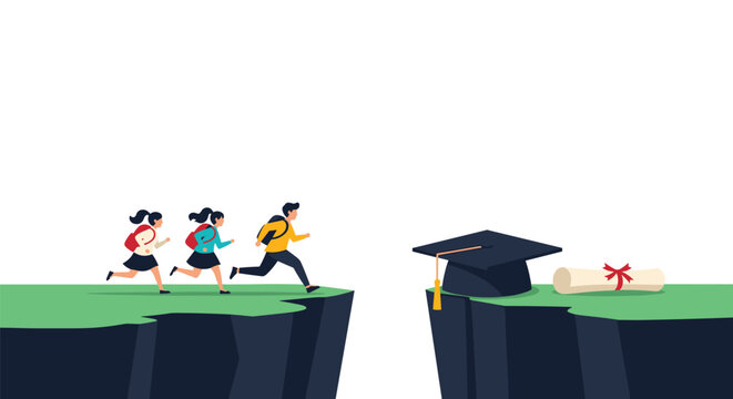 Group of students running toward a cliff edge to jump across to a graduation cap and diploma on the other side to celebrate academic success.