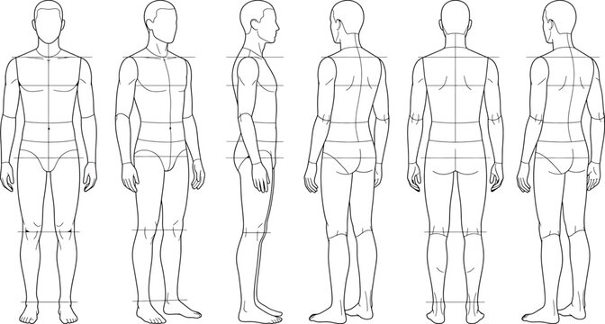 Full body male figure template, front, side and back view for fashion design, technical drawing, anatomy reference, vector illustration