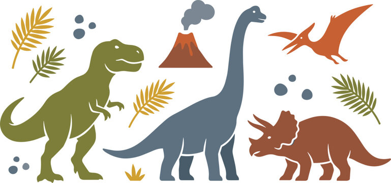 Minimalist dinosaur vector collection featuring flat shapes of tyrannosaurus rex brachiosaurus triceratops pterodactyl smoking volcano and tropical palm leaves isolated on white background