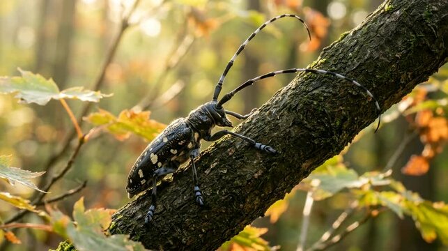 asian longhorn beetle close up on forest oak tree china morning sunrise light video