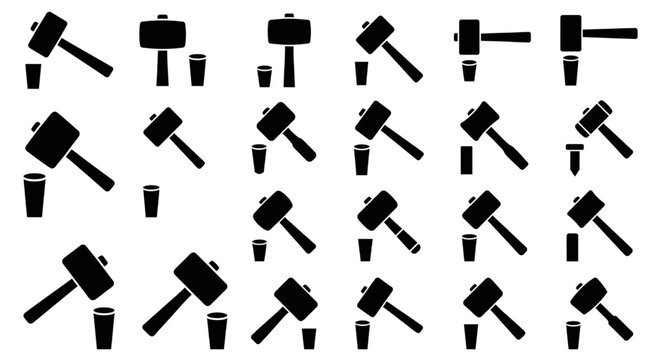 Sledgehammer striking stake icons construction tool silhouettes, Mallet or sledgehammer hitting a construction stake or peg at various angles and positions, isolated on a white background.