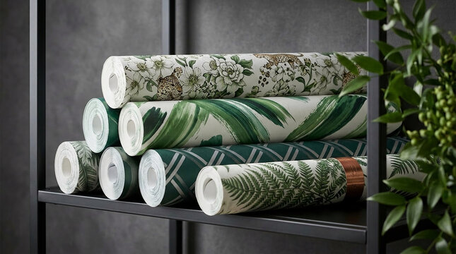 Stack of rolled wallpaper samples with floral, leaf, and animal prints on shelves, symbolizing interior design, home decor, and aesthetic choice