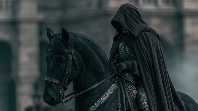 Europe medieval lifestyle. A dramatic, monochromatic portrayal of a cloaked figure riding a dark horse. The figure wears dark armor with intricate designs and a hooded cloak.