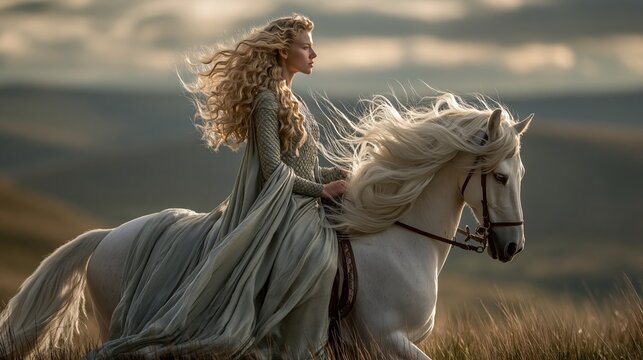 Europe medieval lifestyle. A vivid portrayal of a woman with long, wavy blonde hair, riding a white horse. She wears a long, flowing gray dress with intricate patterns and a brown bridle.