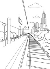 Naklejka premium Railway station platform graphic train sketch vertical illustration vector 