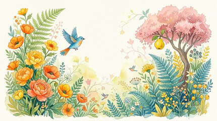 Fototapeta premium Watercolor painting of a whimsical garden with vibrant flowers, lush ferns, and playful birds, symbolizing nature, joy, and springtime enchantment