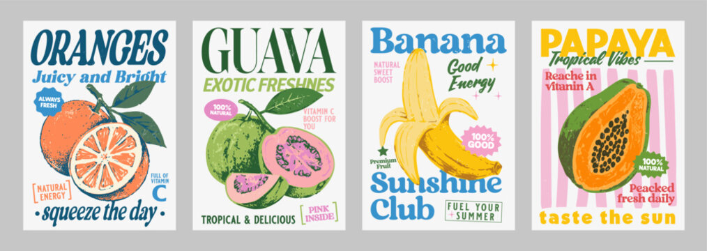 Vintage tropical fruit poster collection featuring orange, guava, banana and papaya in retro style. Perfect for food branding, packaging, kitchen decor and summer designs.