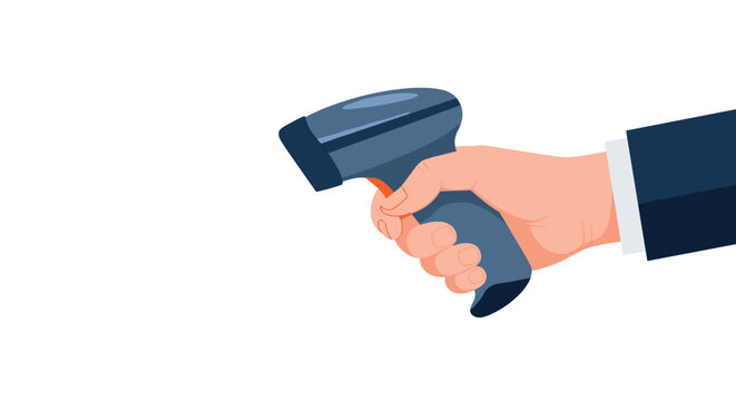 Close up of a person holding a handheld barcode scanner used for inventory management and retail checkout efficiency.