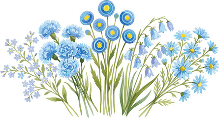 Blue Wildflower Bouquet Vector Illustration with Cornflowers, Daisies, Bluebells, and Forget Me Not Blossoms for Elegant Wedding Invitation Cards and Floral Surface Patterns © Rumi