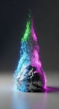 Seamless transition where a glowing abstract digital framework structure materializes into a solid, tangible, and physical form on a flat surface, transition, dimension, glow