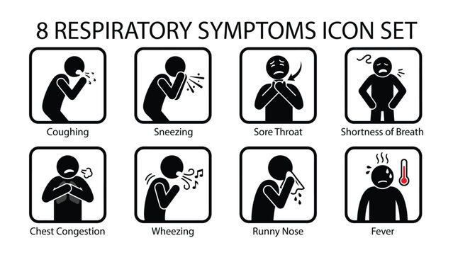 Set of 8 human sickness and cold symptoms stick figures. Black glyph icons of influenza and lung infection signs isolated on white background