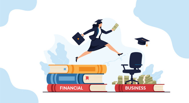 Upward social mobility showing a woman jumping from a stack of books to a high paying business career and wealth.