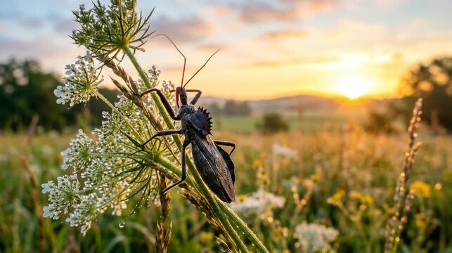assassin bug close up in amazon rainforest brazil morning sunrise light video