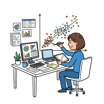 A female analyst works on complex data visualization charts