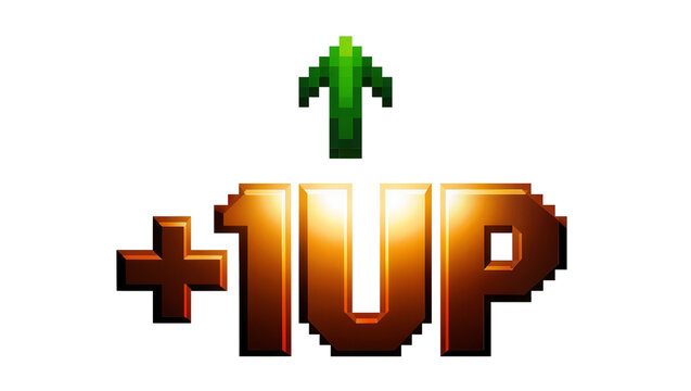 Pixelated 1UP symbol with green arrow, isolated on transparent background