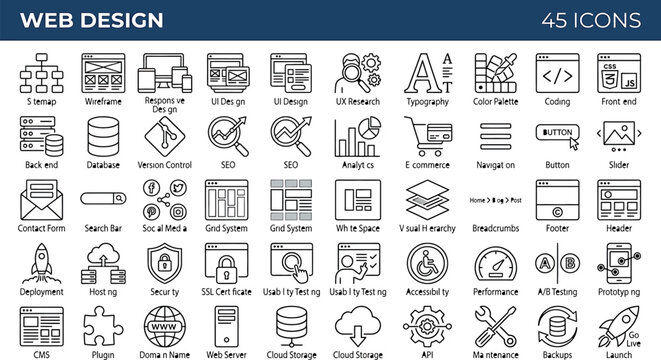 Set of 45 web design and development line icons for ui ux projects, website building, programming, and digital marketing services