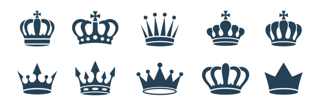 Luxury royal crown vector collection with king and queen diadems and tiara icons representing monarchy, authority, prestige, and regal design elements.