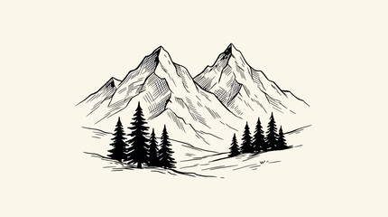Hand drawn mountain landscape with pine trees, sketch style illustration of nature scenery with peaks and forest © SampaRani