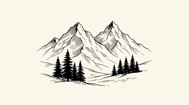 Hand drawn mountain landscape with pine trees, sketch style illustration of nature scenery with peaks and forest