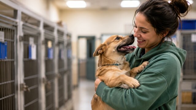 Happy volunteer woman hugging a rescue dog at animal shelter