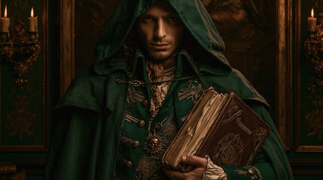 Europe medieval lifestyle. A detailed portrait of a man wearing a green hooded cloak with intricate gold embroidery. He holds a large, ornate book with a golden emblem in his right hand.