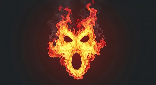 Fiery face graphic, a creature?s visage ablaze, orange and red, on a dark gradient