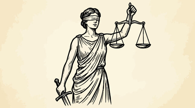 Ancient Greek Goddess Themis Personifying Divine Justice and Fair Trial Law Symbol Vintage Retro Engraving Illustration Black Silhouette Icon Logo Label Isolated on White Background
