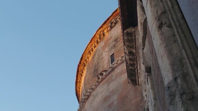 Low angle view of the Pantheon rotunda wall and ancient Roman masonry