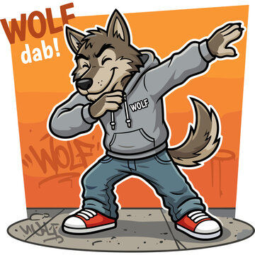 A wolf character dancing dab in urban setting wearing hoodie.