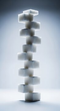 A tall, unstable stack of white refined sugar cubes precariously balanced on a clean surface, emphasizing sweetness and dietary concern, pile, stack, tower