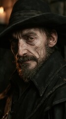 Obraz premium Europe medieval lifestyle. A closeup portrait of an elderly man, captured in a moody, atmospheric style. He wears a black hat and a dark leather jacket.