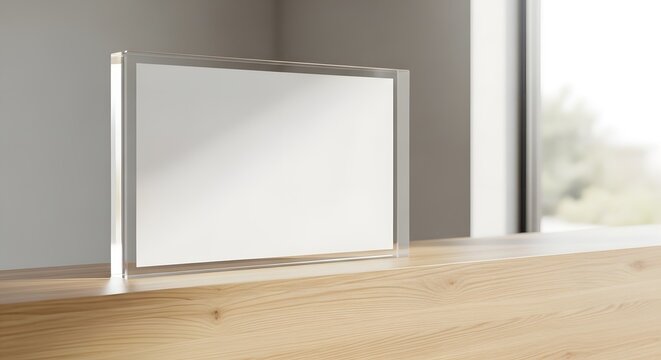 Blank white picture frame on a wooden table with natural light from a window, perfect for mockups and presentations.